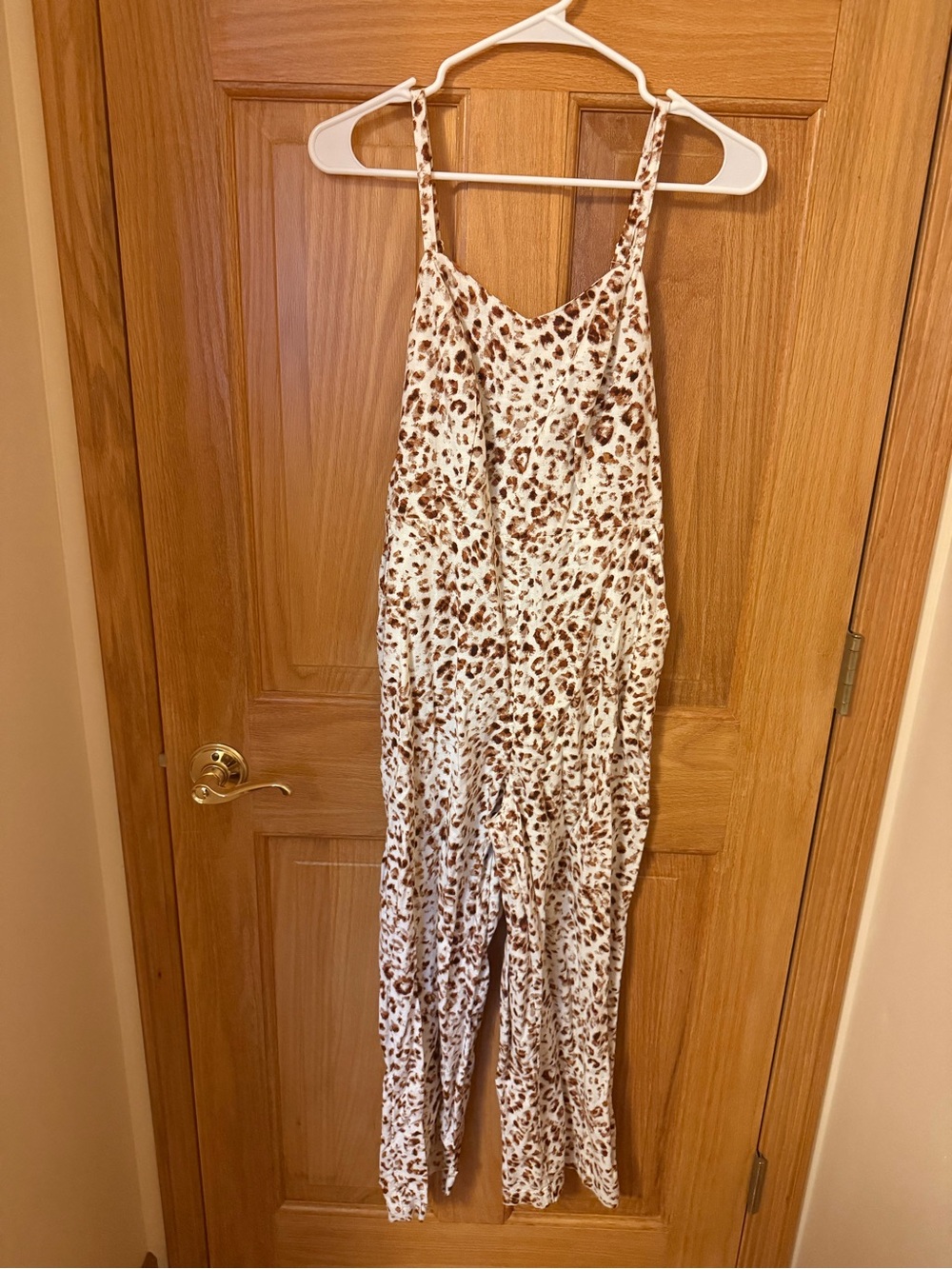 Old Navy White and Brown Leopard-Print Spaghetti Strap Jumpsuit